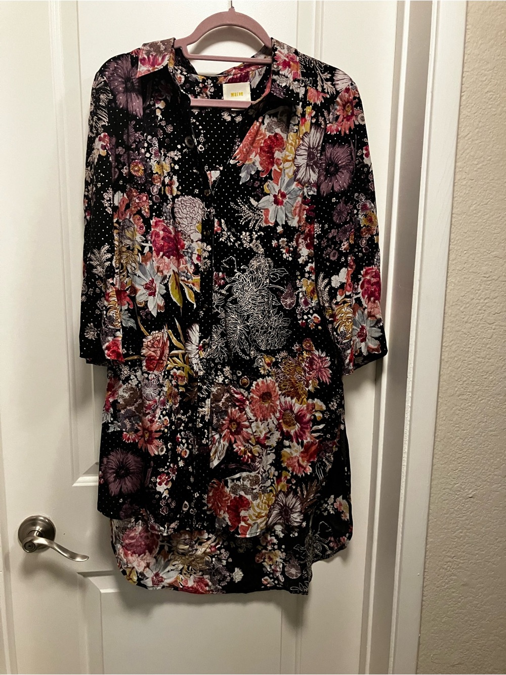 Maeve/Anthropologie “Autumnal Tunic” Black W/Multi-Color Flowers. Size M